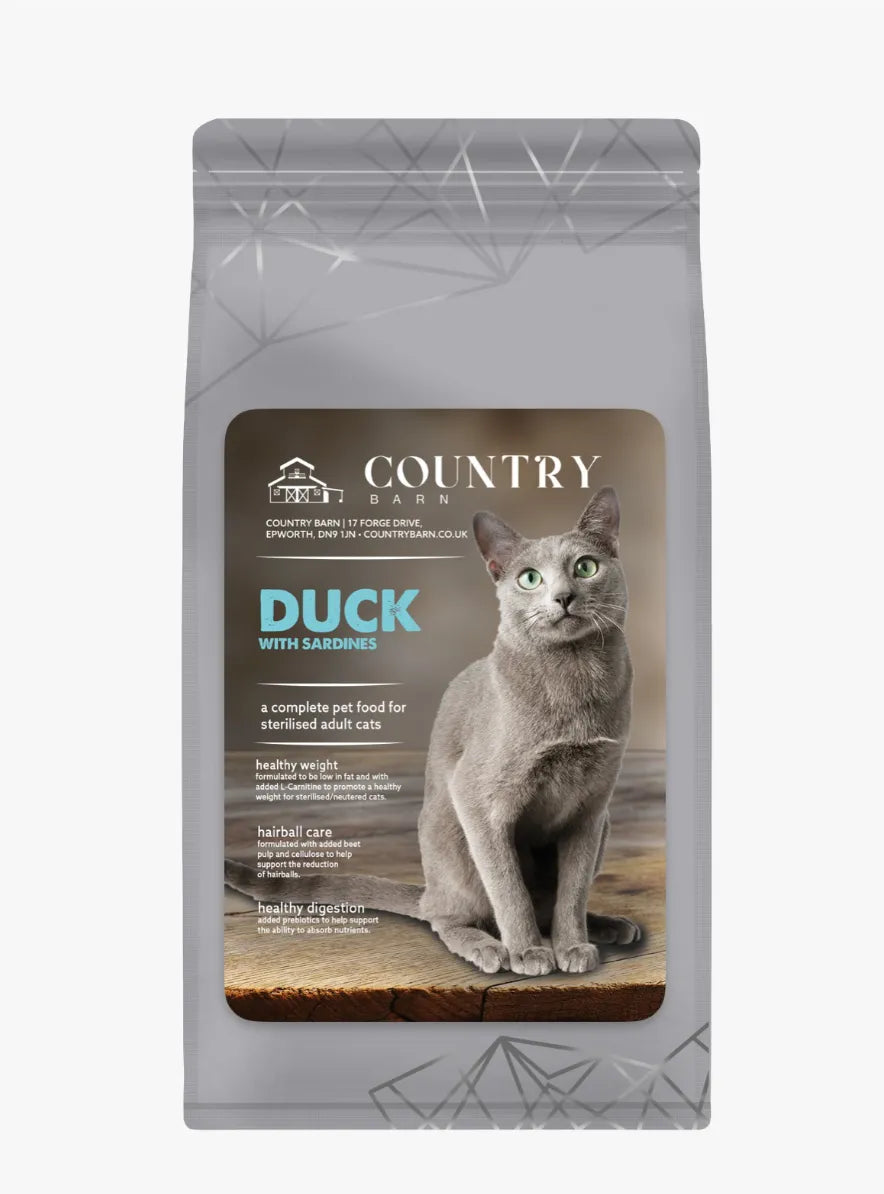 Gray cat food bag with "Country Barn Duck with Sardines" label and a Russian Blue cat.