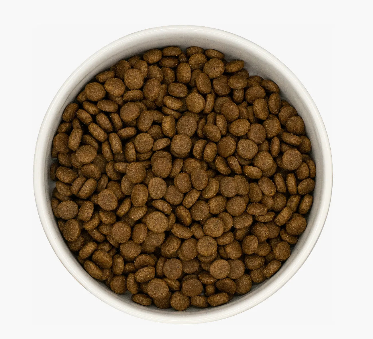 White bowl filled with small, round, dark brown duck and sardine cat kibble.
