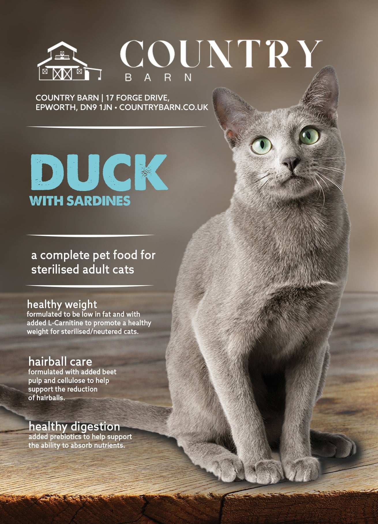 Elegant grey Russian Blue cat sitting on a rustic wooden surface, advertising "Duck with Sardines" cat food.