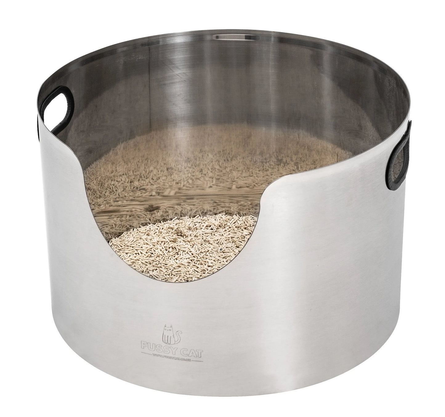 Fussy Cat Graded round stainless steel litter box with light-colored litter and black handles.