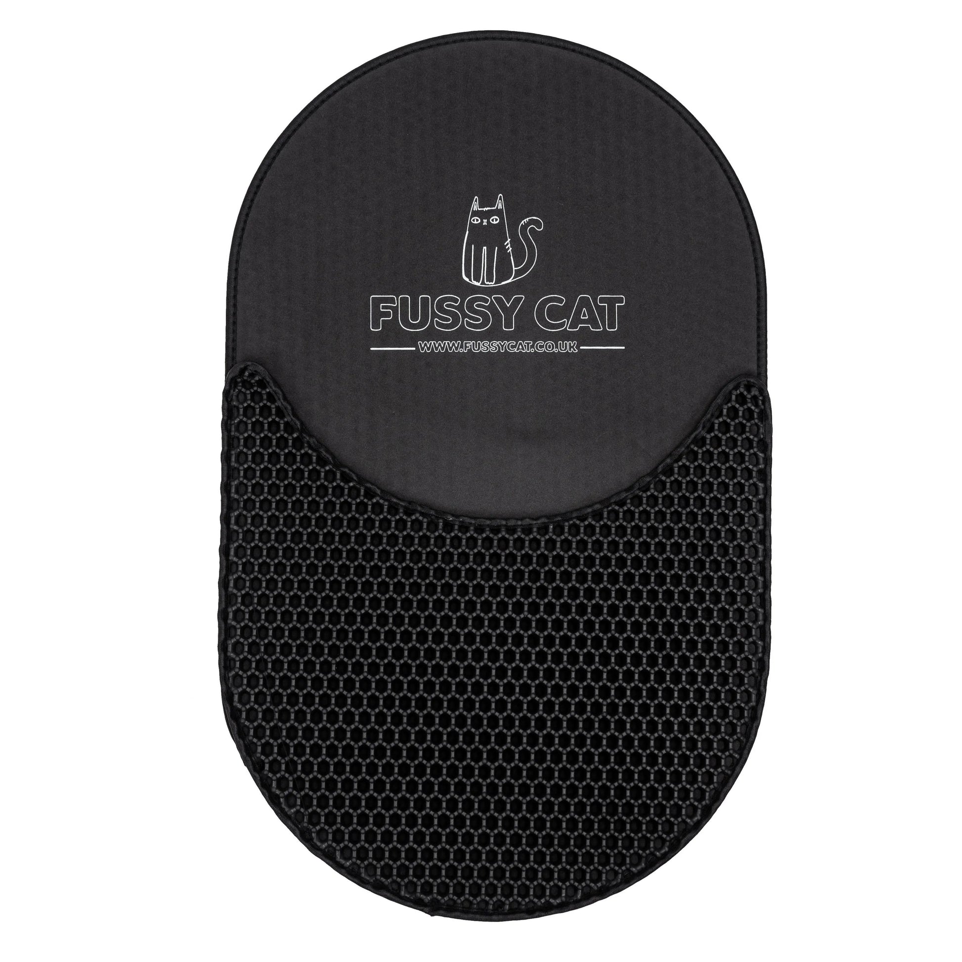 Black Fussy Cat litter mat with white logo, featuring a honeycomb texture on the lower half.