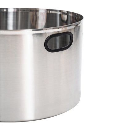 Fussy Cat Graded round stainless steel litter box with black handle, showing a slight cosmetic defect.
