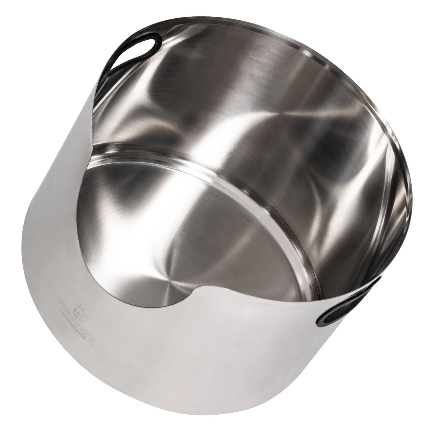 Graded Fussy Cat round stainless steel litter box with black handles and minor cosmetic defects.