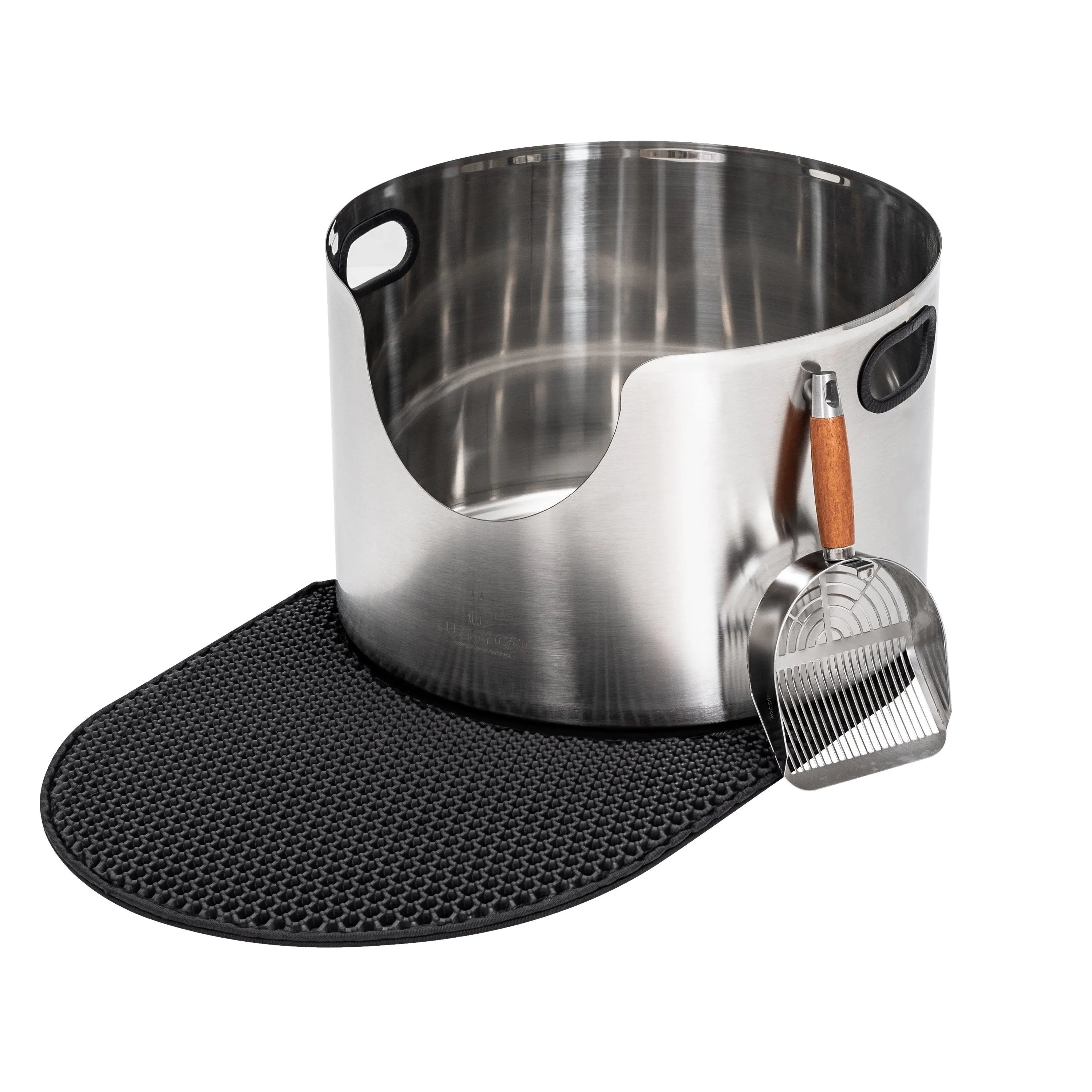 Graded Fussy Cat round stainless steel litter box with black handles, a matching scoop, and a black litter mat.