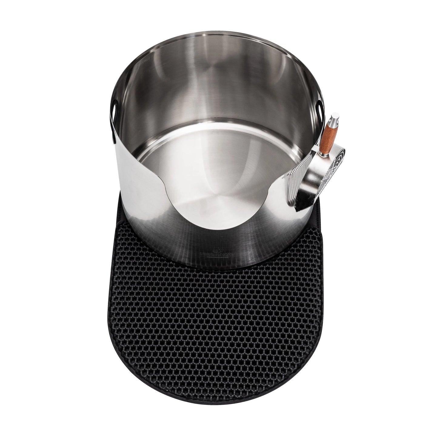 Fussy Cat Graded round stainless steel litter box with a black mat and metal scoop.