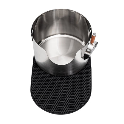 Fussy Cat Graded round stainless steel litter box with a black mat and metal scoop.
