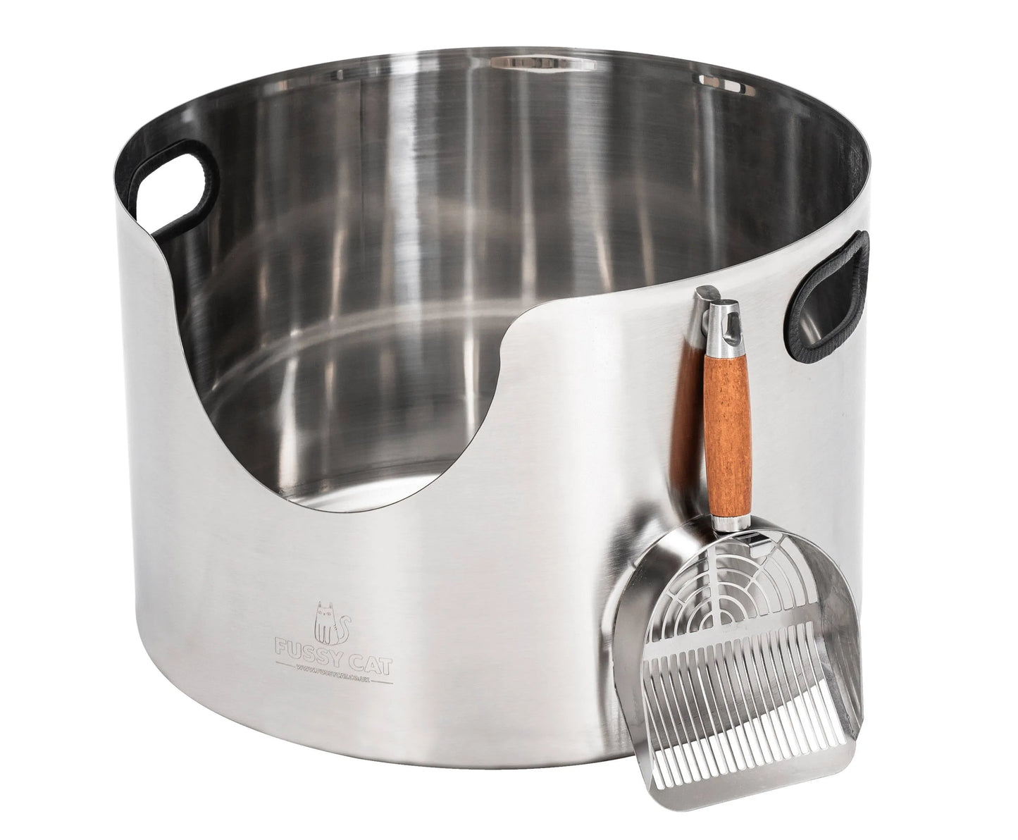 Graded Fussy Cat round stainless steel litter box with a matching scoop featuring a wooden handle.