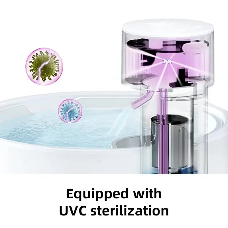 White ceramic cat water fountain with transparent top, showing purple UVC light sterilization and water flow.
