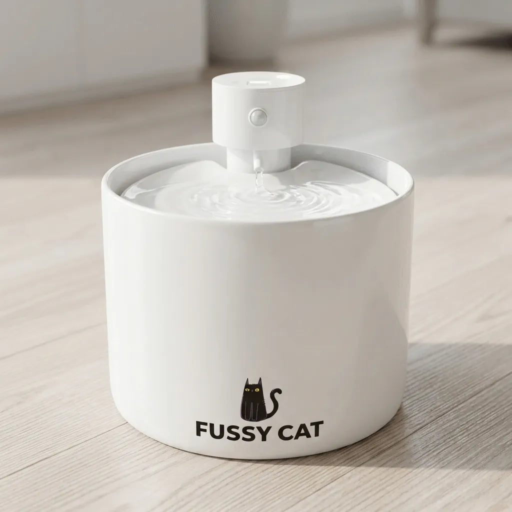 White ceramic Fussy Cat water fountain with a black cat logo, featuring a central pump and flowing water.