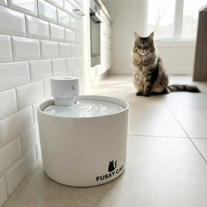 White ceramic Fussy Cat water fountain with a motion sensor, in a kitchen with a Maine Coon cat.