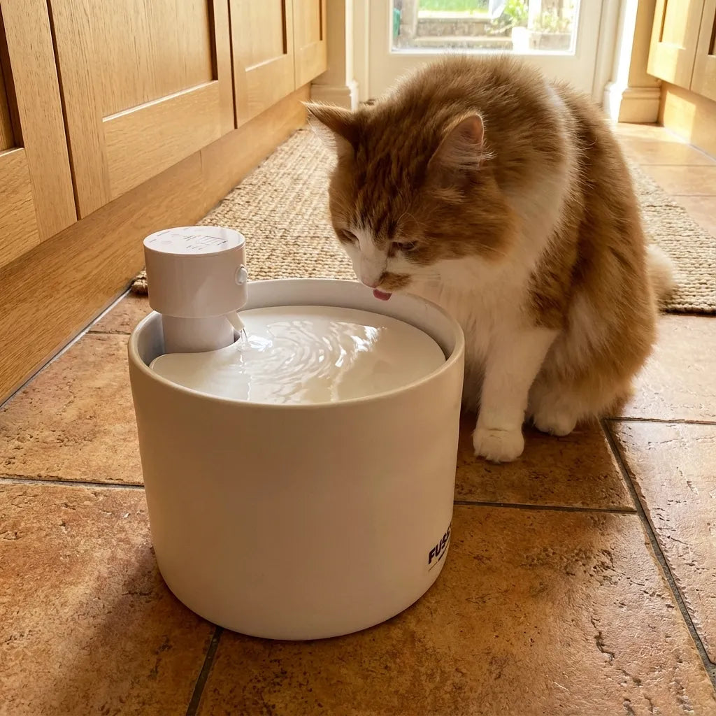 Fluffy ginger and white cat drinking from a white ceramic Fussy Cat wireless water fountain with flowing water.