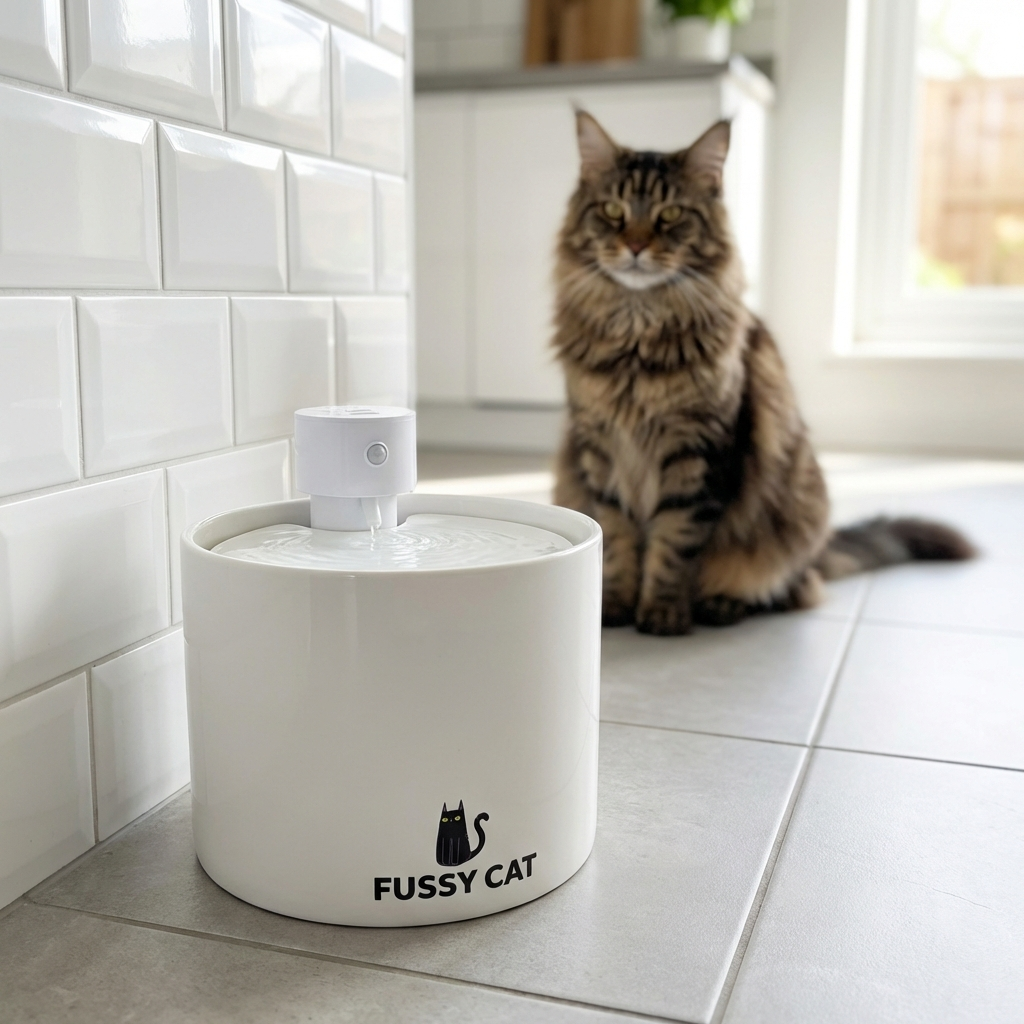 Fussy Cat Ceramic Water Fountain with a Maine Coon Cat