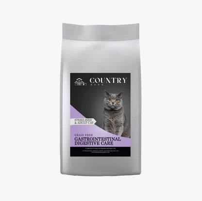 White bag of Country Barn Grain Free Gastrointestinal Digestive Care cat food with a grey cat.