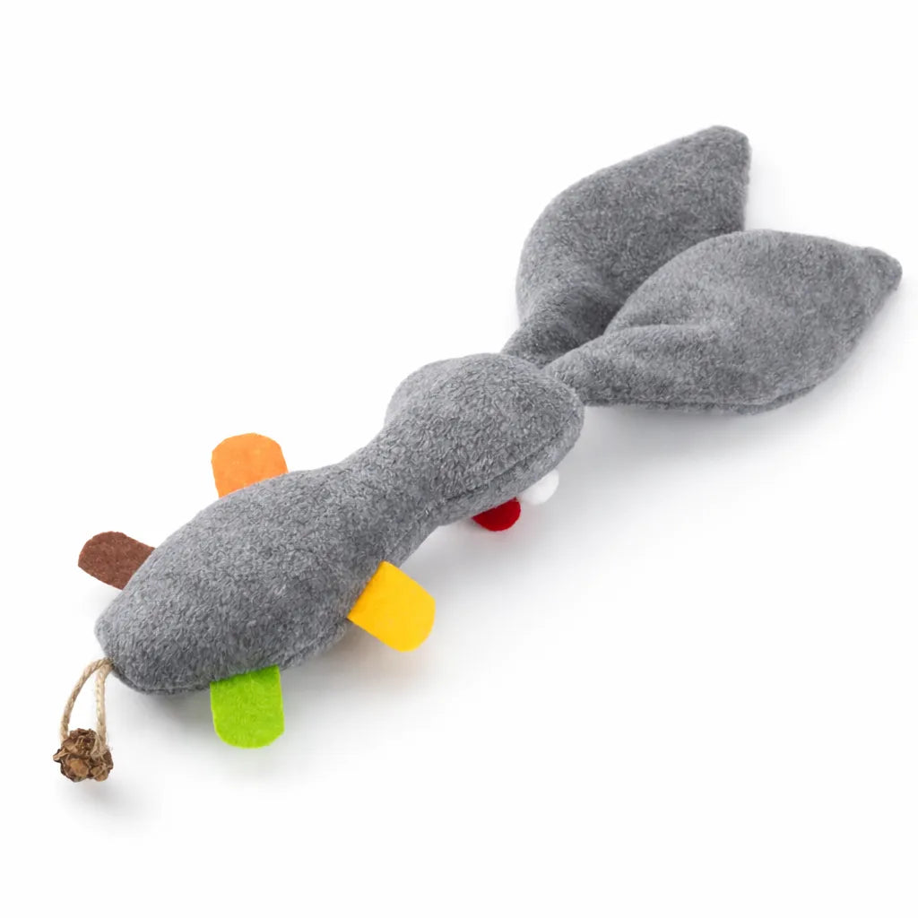 Grey plush rabbit cat toy with colorful felt tabs, cat mint, and Matatabi fruit, 29cm long.