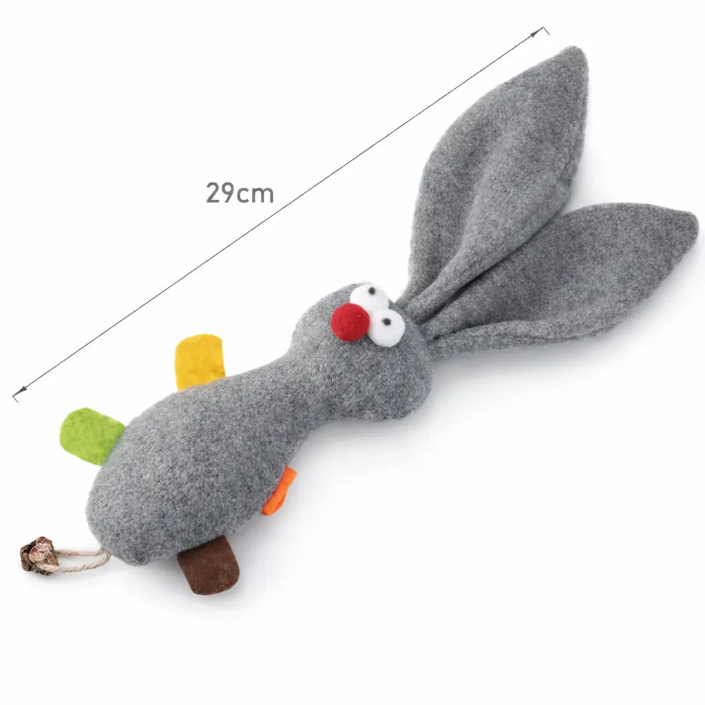 Grey plush rabbit cat toy with long ears, red nose, white eyes, and colorful fabric tags, measuring 29cm.