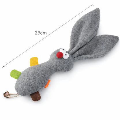 Grey plush rabbit cat toy with long ears, red nose, white eyes, and colorful fabric tags, measuring 29cm.