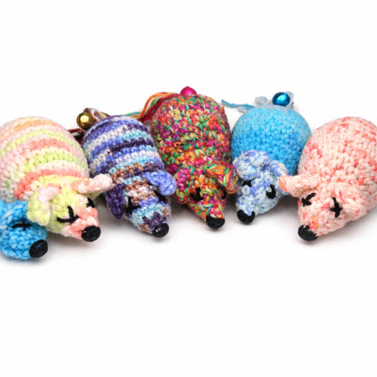 Six colorful, unique handmade wool crochet catnip mouse toys with bells.