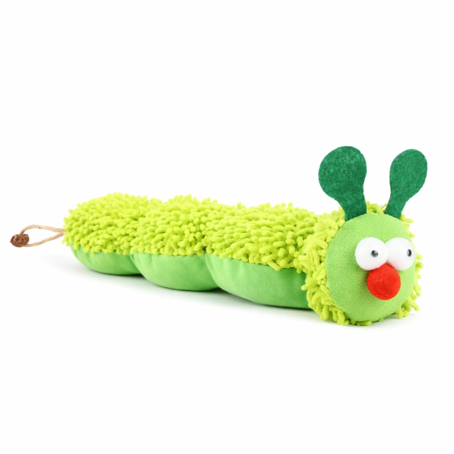 Green plush caterpillar cat toy with big eyes, red nose, felt antennae, and rope tail.