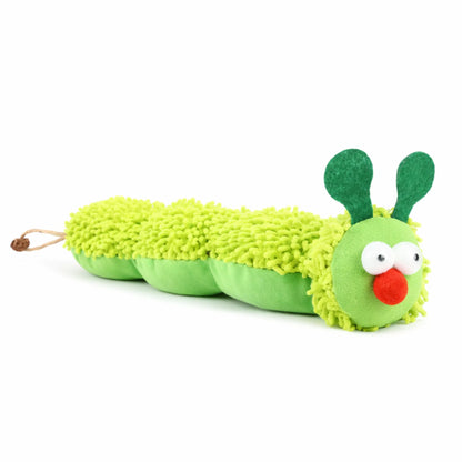 Green plush caterpillar cat toy with big eyes, red nose, felt antennae, and rope tail.