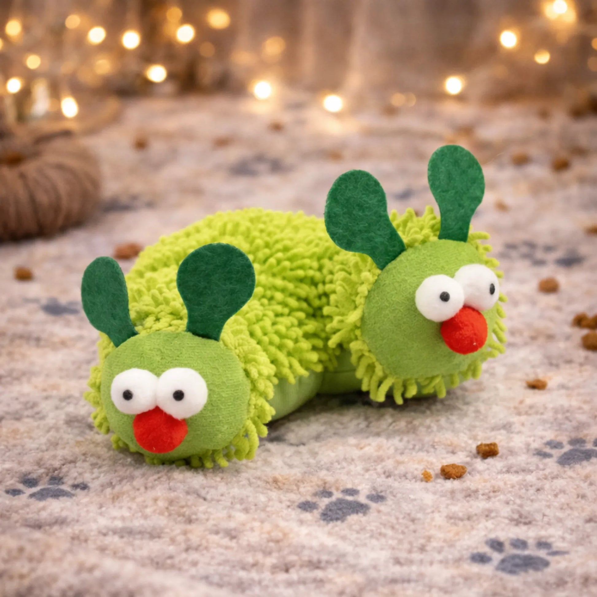 Soft plush green caterpillar cat toy with big eyes and red nose, on a paw print rug.