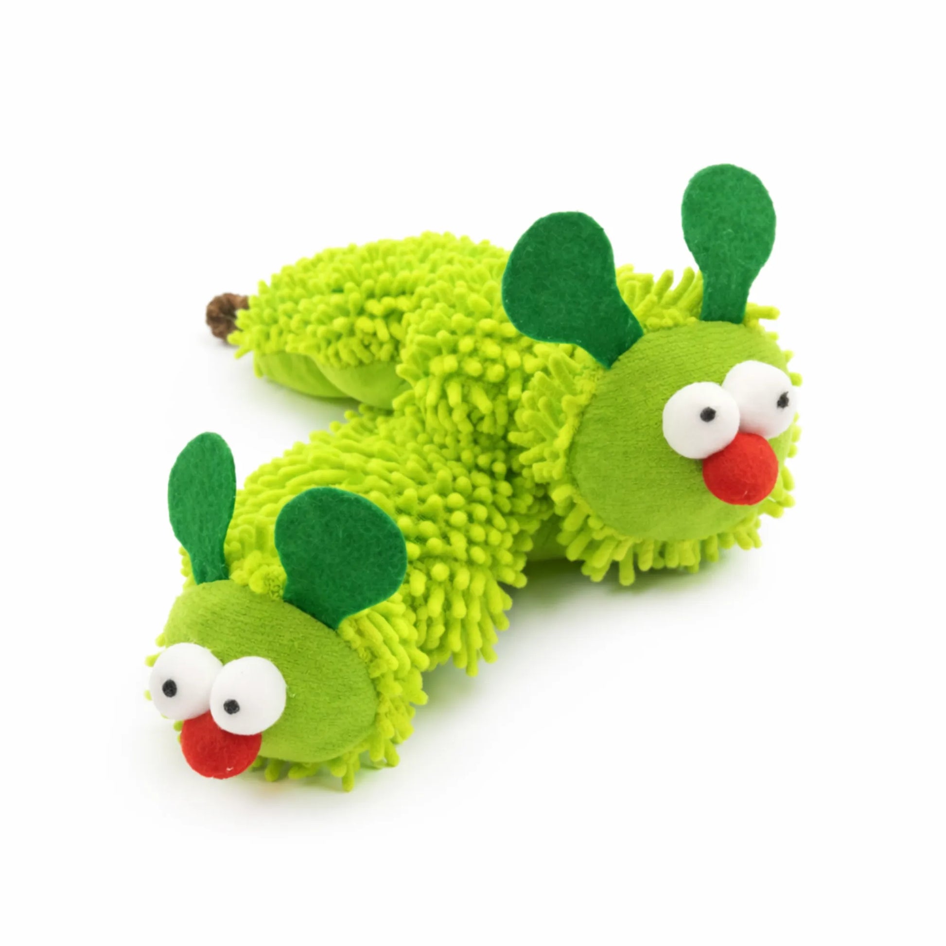 Green plush caterpillar cat toy with big eyes, red nose, and a matatabi rope tail.