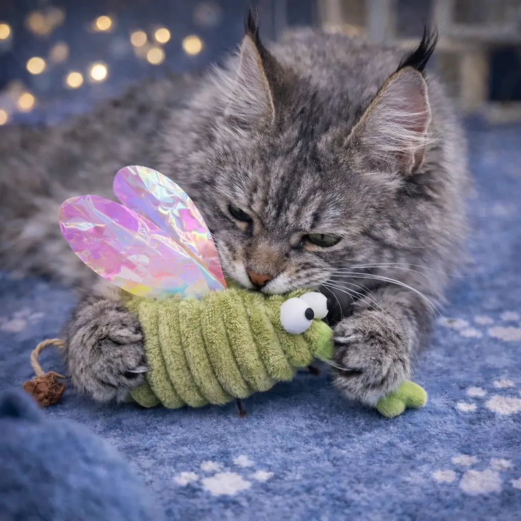 Gray cat playing with a green plush mosquito toy with iridescent wings and a matatabi fruit string.