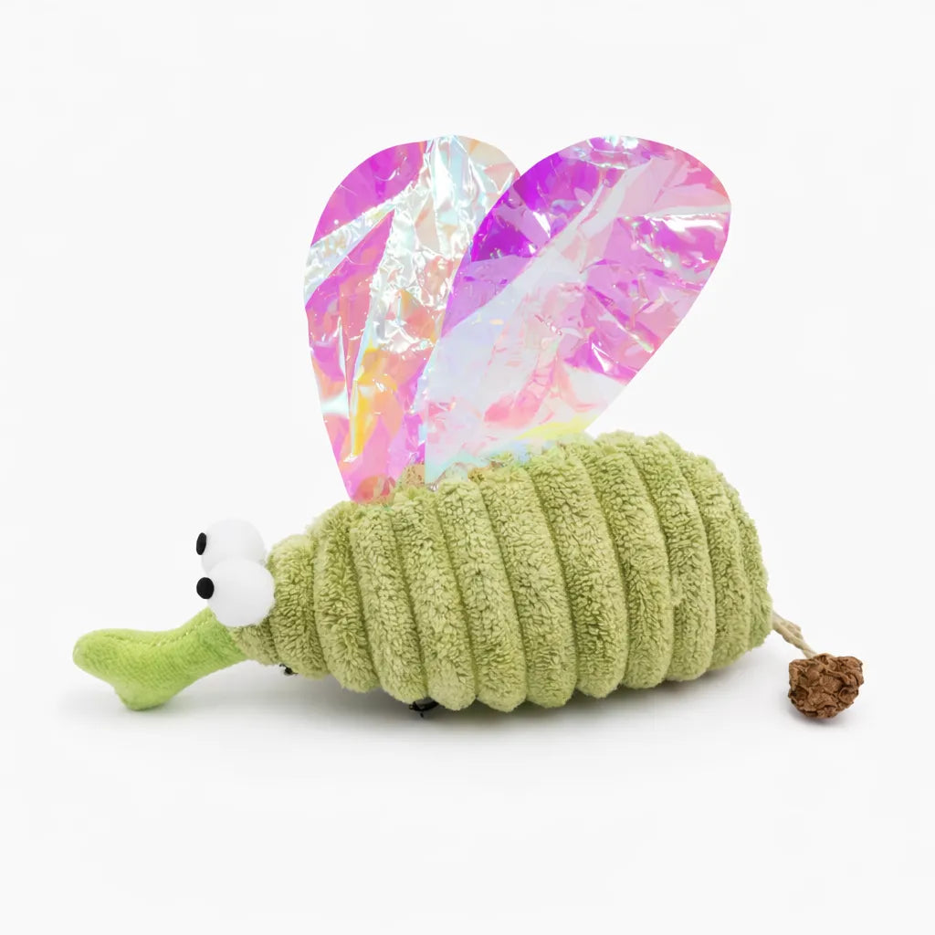 Green plush mosquito cat toy with iridescent wings, googly eyes, and a Matatabi fruit tail.