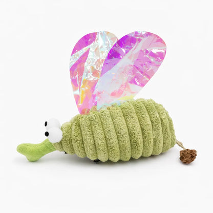 Green plush mosquito cat toy with iridescent wings, googly eyes, and a Matatabi fruit tail.