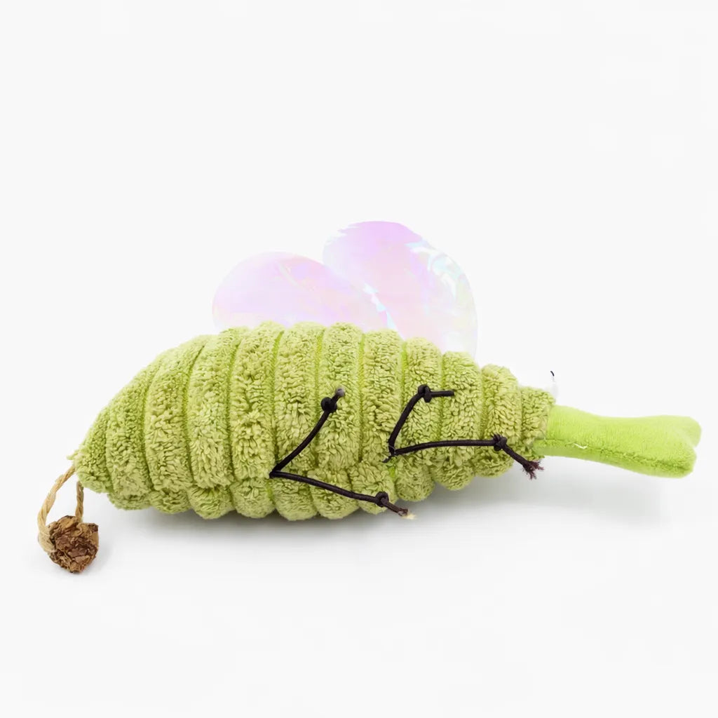 Green plush mosquito cat toy with iridescent wings, cord legs, and a Matatabi fruit tail.