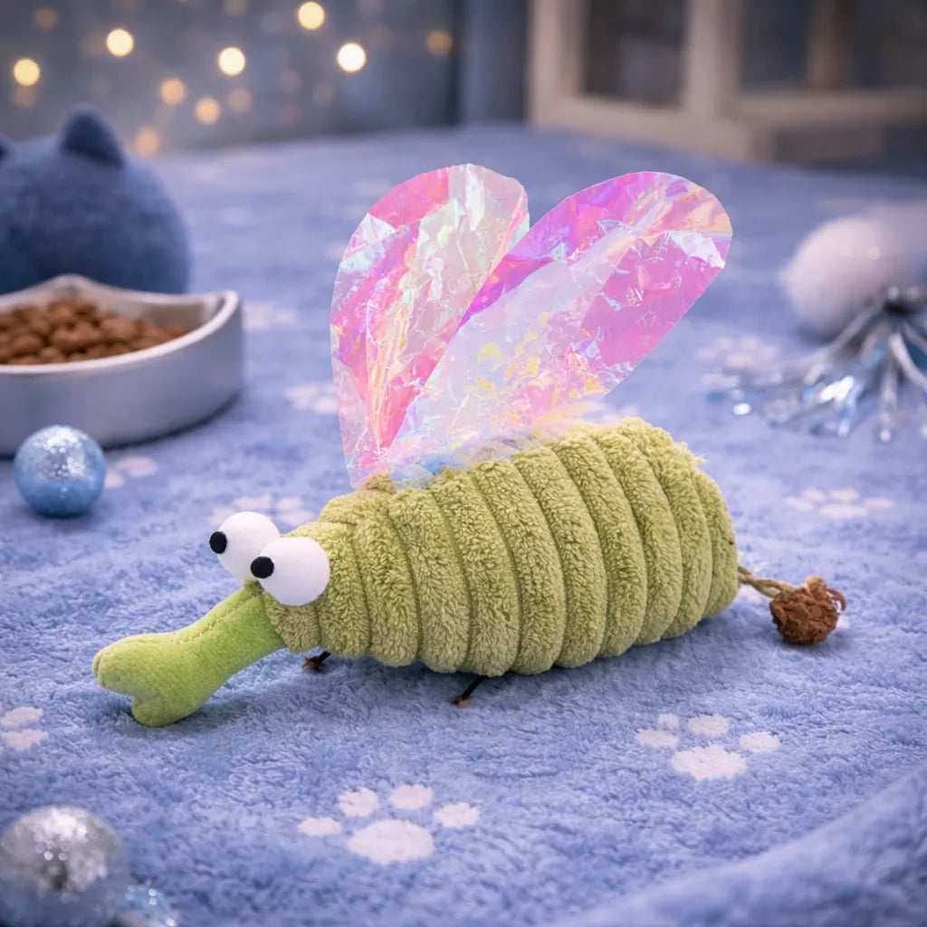 Green plush mosquito cat toy with iridescent wings and Matatabi fruit, on a blue paw-print blanket.