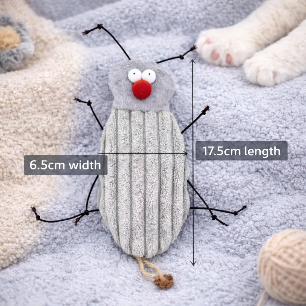 Grey plush cockroach cat toy with red nose, black antennae, and string legs, showing 17.5cm length and 6.5cm width.