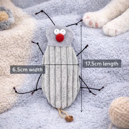 Grey plush cockroach cat toy with red nose, black antennae, and string legs, showing 17.5cm length and 6.5cm width.