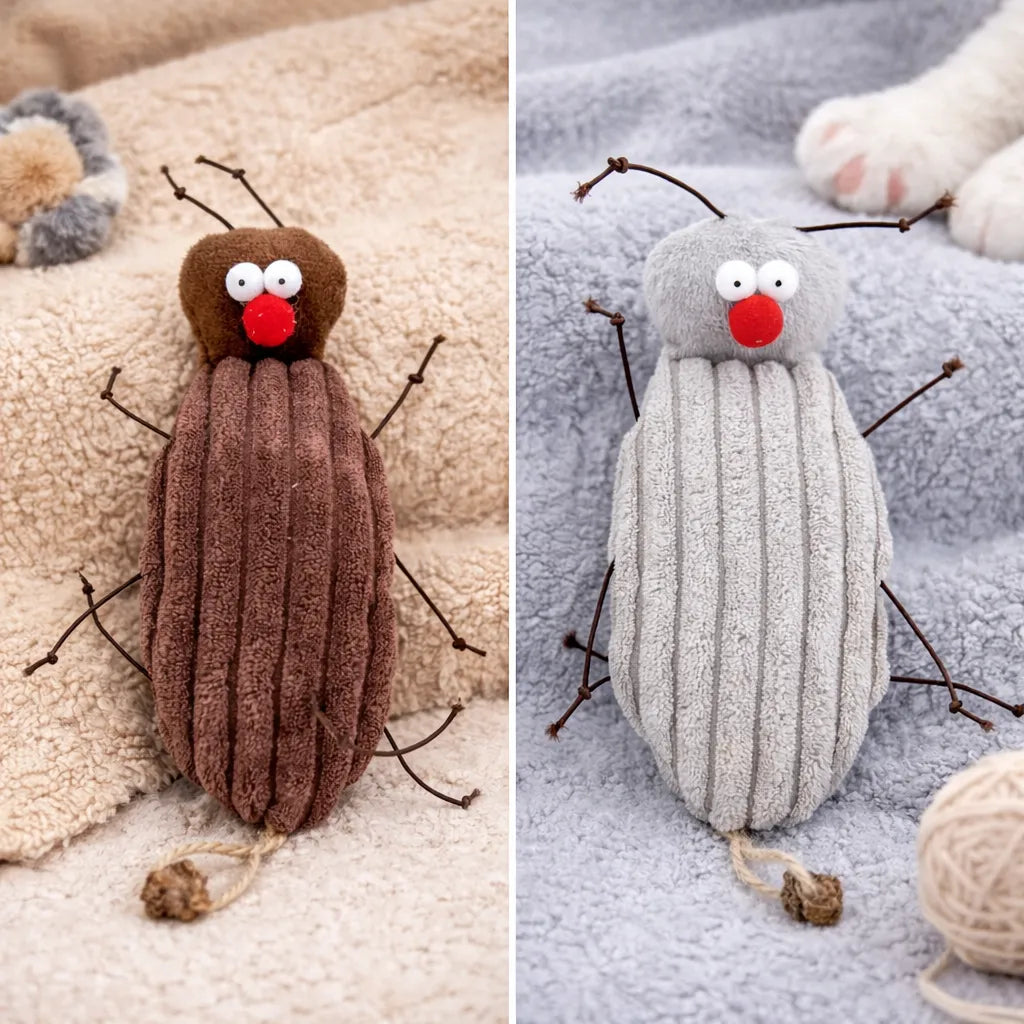 Two plush cockroach cat toys, one brown and one grey, with red noses and antennae.
