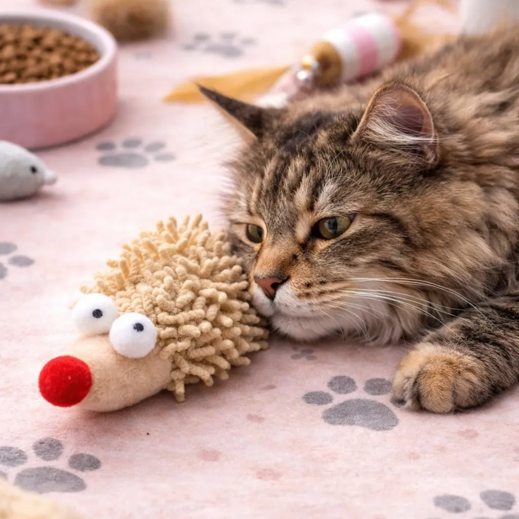 Brown tabby cat resting with a beige plush hedgehog catnip toy with a red nose and white eyes.