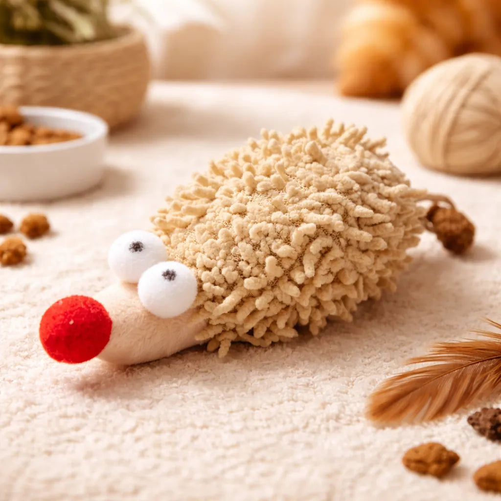 Beige plush hedgehog cat toy with red nose, white eyes, and a braided tail on a cream carpet.