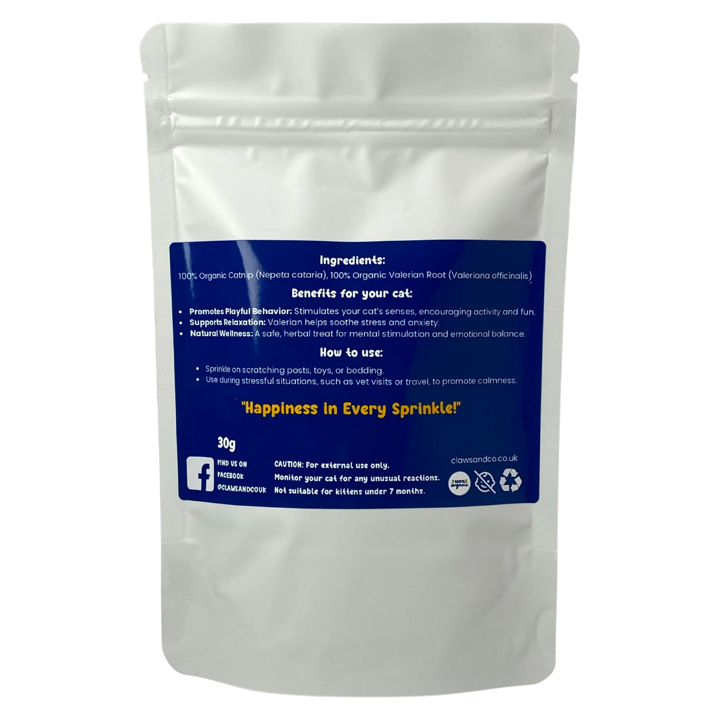 White pouch of Purrfusion Premium Catnip Blend with blue label detailing ingredients, benefits, and usage.