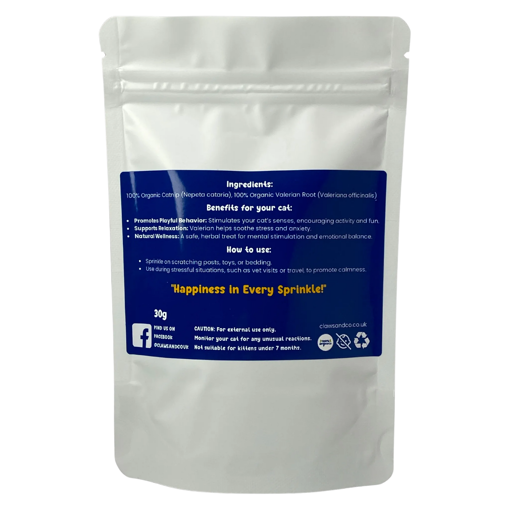 White pouch of Purrfusion Premium Catnip Blend with blue label detailing ingredients, benefits, and usage.