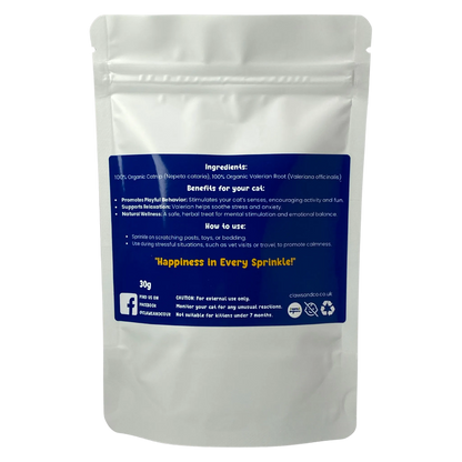 White pouch of Purrfusion Premium Catnip Blend with blue label detailing ingredients, benefits, and usage.