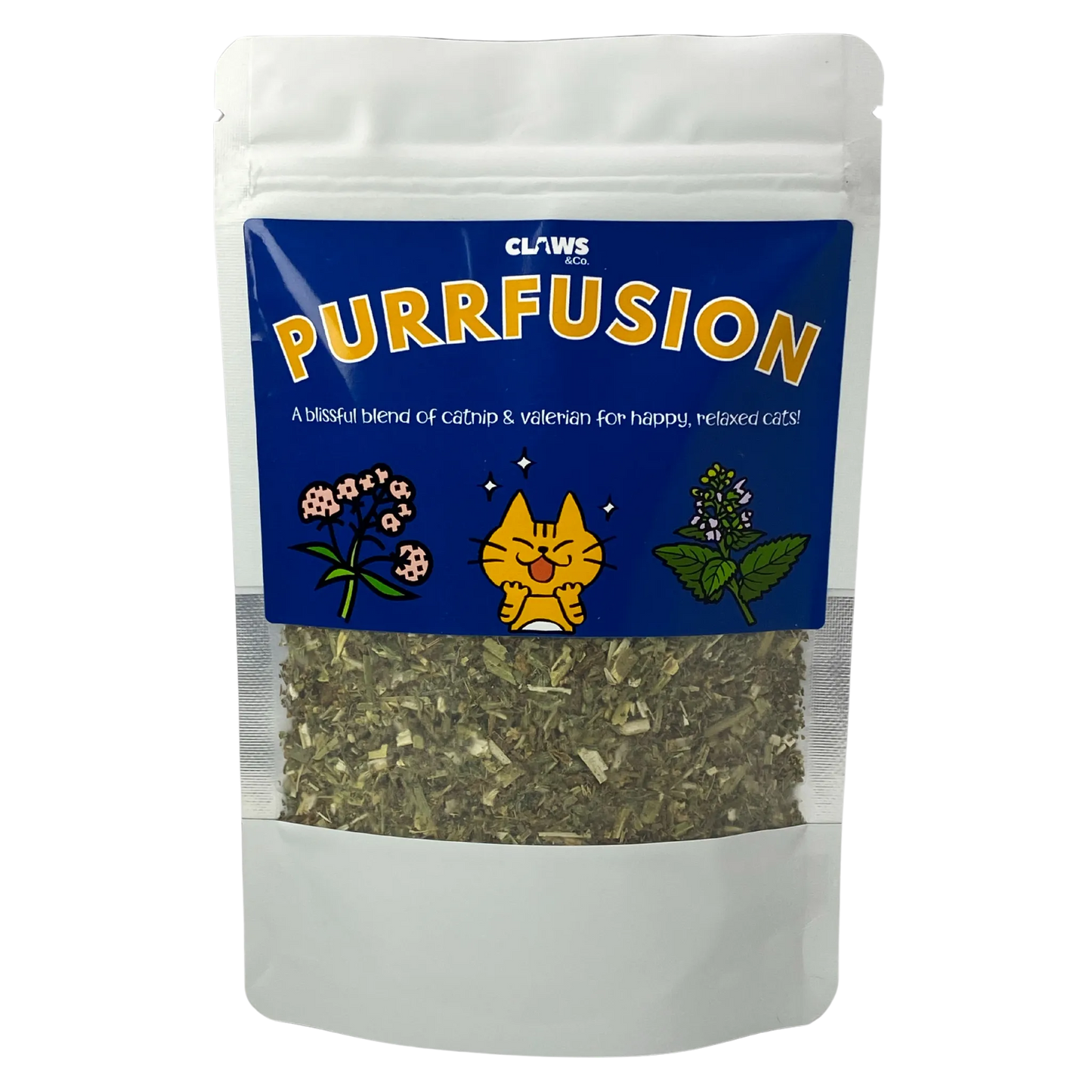 White pouch of Purrfusion catnip blend with a blue label, featuring a happy cat and plant illustrations.