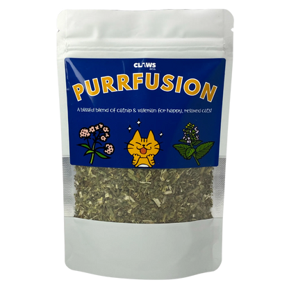 White pouch of Purrfusion catnip blend with a blue label, featuring a happy cat and plant illustrations.