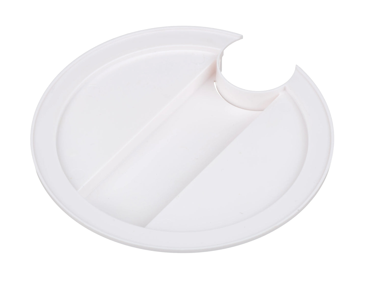 White plastic replacement water filter holder for Fussy Cat Fountain, round with a cutout.