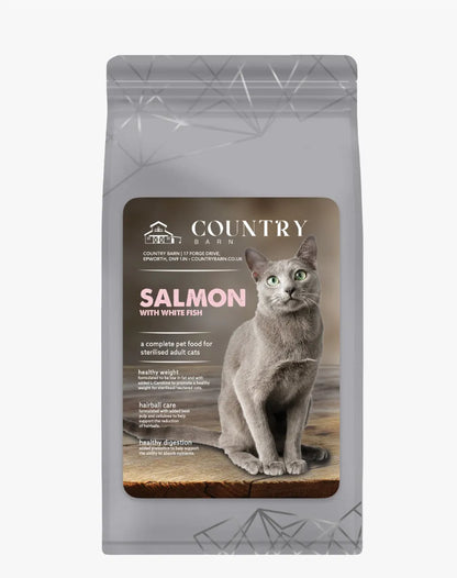 Grey Country Barn cat food bag, Salmon with White Fish, featuring a grey cat.
