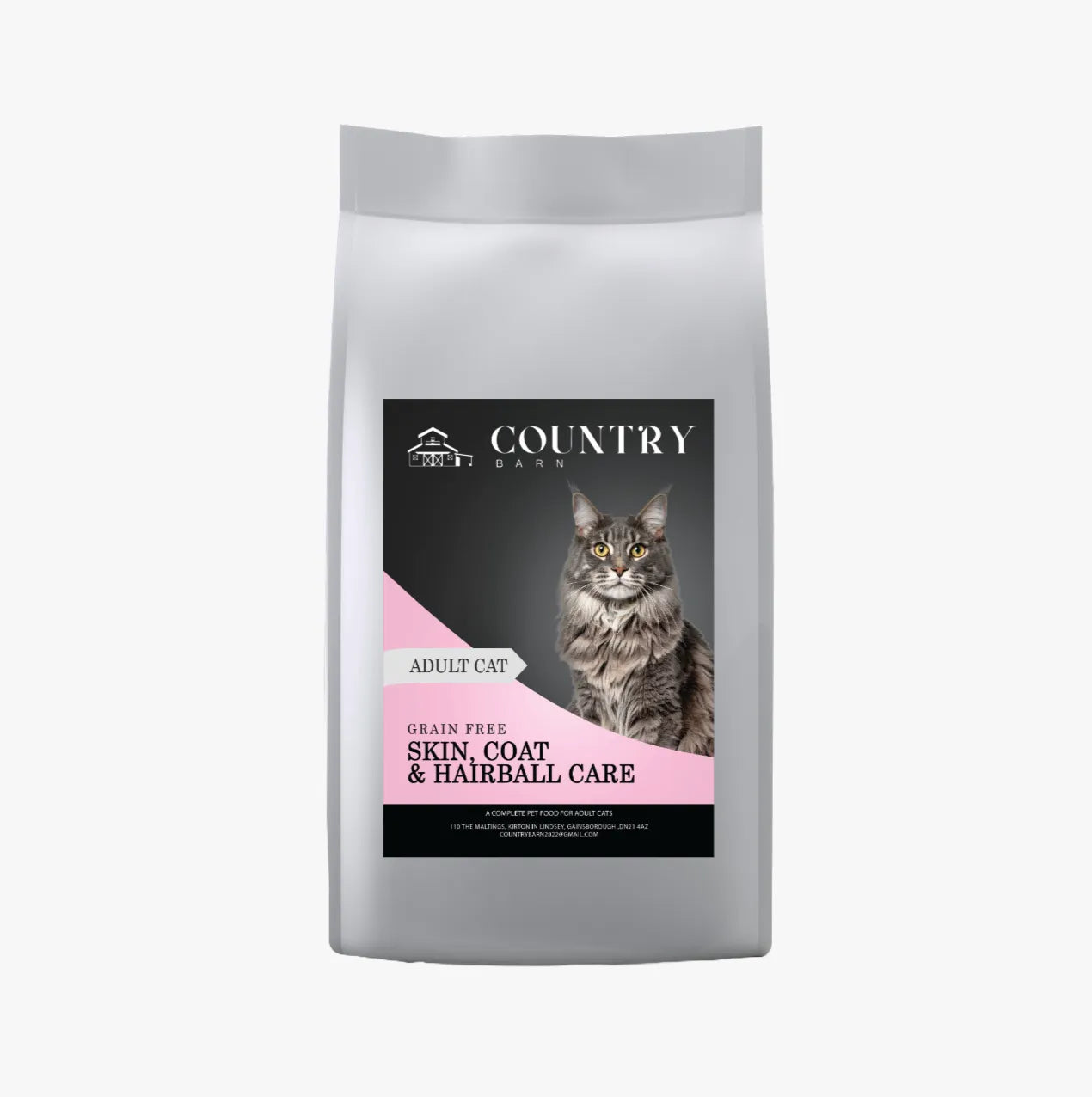 White Country Barn adult cat food bag with a Maine Coon cat, pink accent, and "Skin, Coat & Hairball Care" text.