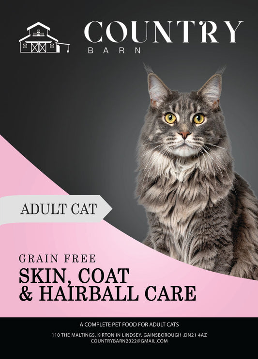 Fluffy gray Maine Coon cat with yellow eyes, promoting Country Barn's adult cat skin, coat & hairball care.