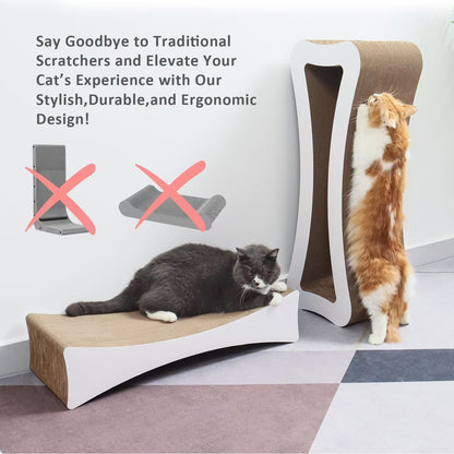 Two cats using a stylish, extra-large 2-in-1 corrugated cardboard scratcher lounge with white accents.
