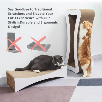 Two cats using a stylish, extra-large 2-in-1 corrugated cardboard scratcher lounge with white accents.