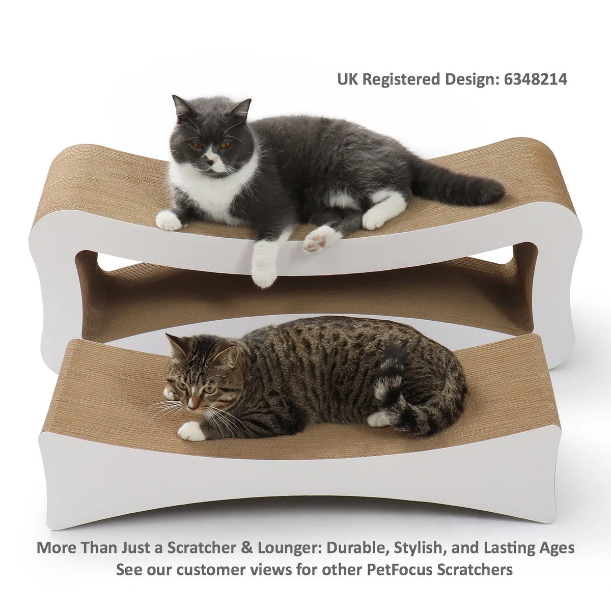 Two cats lounging on a large, stylish 2-in-1 corrugated cardboard scratcher with white accents.