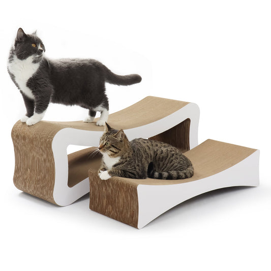 Two cats on an 86cm long, wave-design corrugated cardboard 2-in-1 scratcher lounge with white accents.
