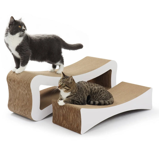 Two cats on an 86cm long, wave-design corrugated cardboard 2-in-1 scratcher lounge with white accents.