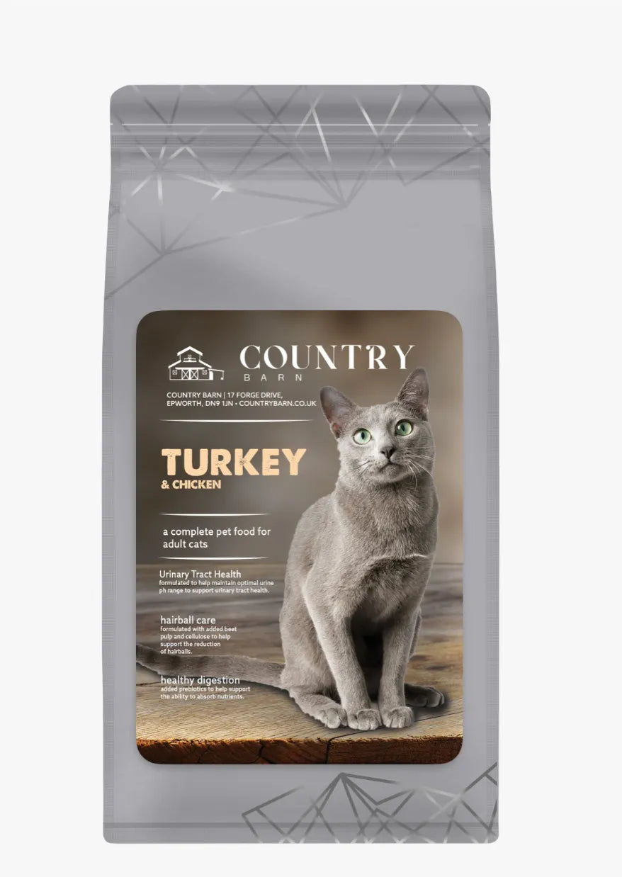 Gray Country Barn cat food bag with a Russian Blue cat, "Turkey & Chicken" flavor, and health benefits listed.
